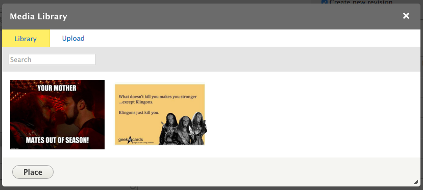 The media library, in a dialog box.