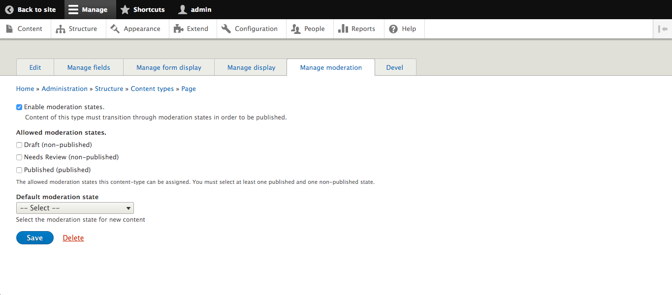 Moderation options for a single content type.